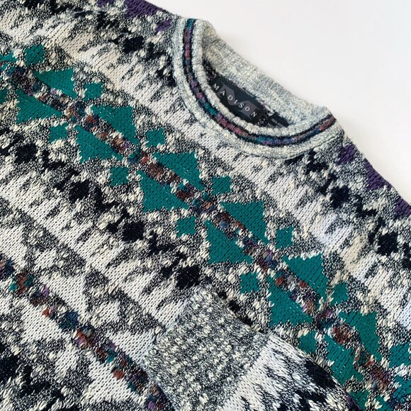 Vintage Knit Eclectic Grandpa Grandma Madison Pattern Sweater 80s Cozy Fisherman - Picture 1 of 9